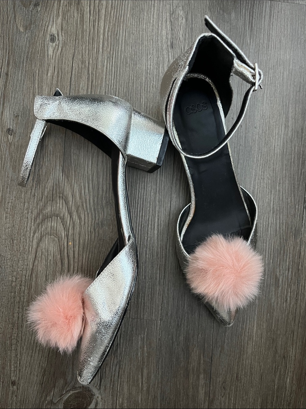 ASOS Metallic Silver Block Heels with Pink Pom Pom